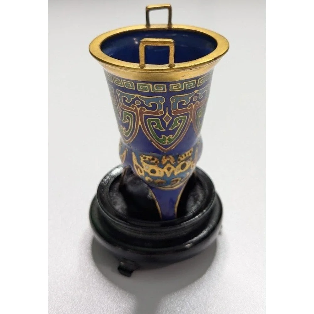 Blue & Multicolor Cloisonné Enamel Mini Vessel with Handles – Bud Vase on Stand